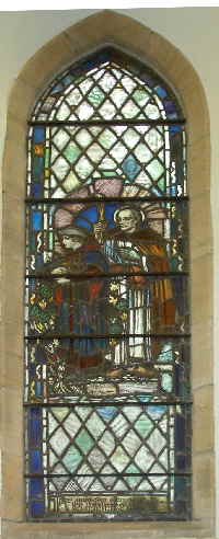 The right window shows a woman coming from the church, fully equipped with the new knowledge, and accompanied by the protection and blessing of Saint Columba as the patron saint of the Scottish Church.